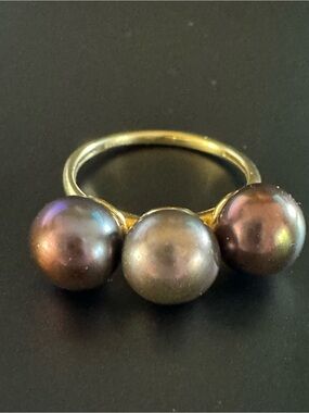 D’Joy 925 Gold Vermeil 3 Peacock Pearl Statement Ring - Size 6